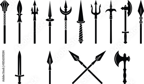 Medieval weapon icon set featuring swords spears axes tridents arrows black silhouette vector collection isolated on white background illustration design