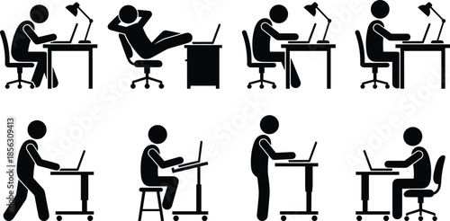 Office desk posture silhouettes, people working at laptops in various positions, workplace ergonomics illustration, sitting and standing desk setups, productivity icons