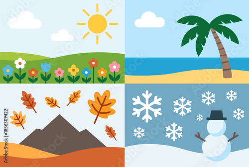 Four Seasons Illustration Spring, Summer, Autumn, Winter Scenes