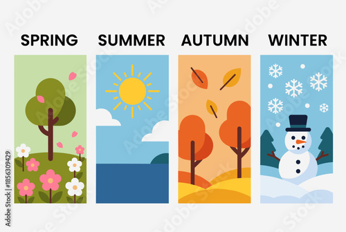 Four Seasons Illustrated Panels Spring, Summer, Autumn, Winter Nature Scenes