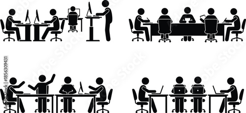 Office teamwork silhouettes, people working on computers, business meeting illustration, collaborative workspace icons, team discussion scenes, modern workplace design elements