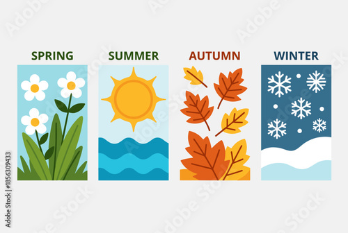 Stylized Flat Design Illustration of Spring, Summer, Autumn, and Winter Seasons