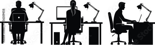 Office workstation silhouettes, people working at desks with computers, ergonomic seating illustration, modern workspace setup, professional desk environment icons