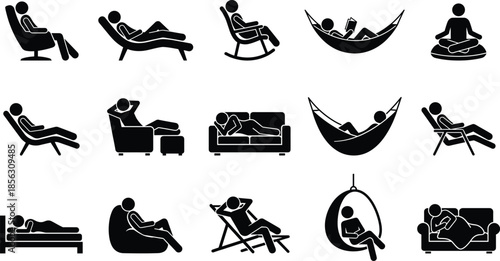 People relaxing icons set, resting sleeping sitting lounging poses, minimal black silhouette symbols for comfort lifestyle concept illustration