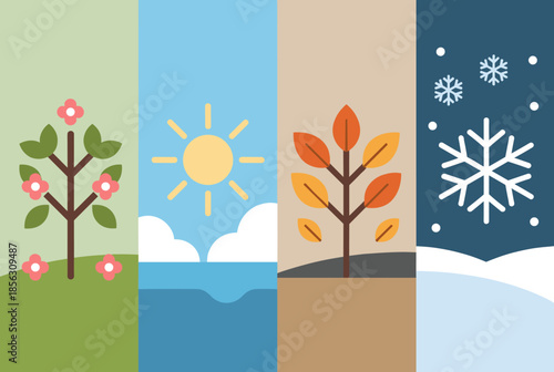 Flat Design Illustration of Four Seasons Spring, Summer, Autumn, Winter