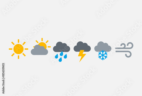 Set of Flat Design Weather Forecast Icons Showing Various Climate Conditions