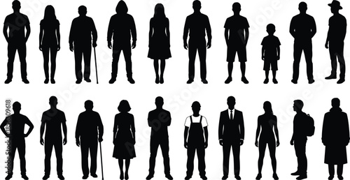People silhouette icons set, men women children standing poses, diverse human figures, minimal black symbols for society lifestyle illustration