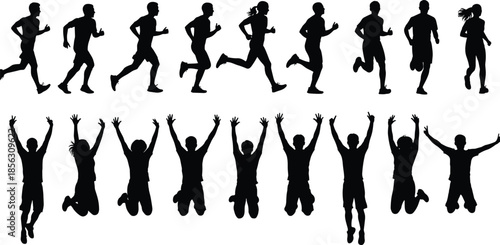 Silhouette runners and jumpers in motion, athletic exercise figures, fitness activity illustration, sports movement concept, healthy lifestyle dynamic energy design