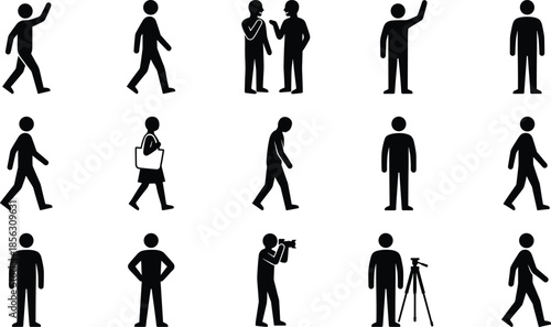People silhouette icon set, human activity poses collection, walking standing talking figures, business and daily life vector illustration