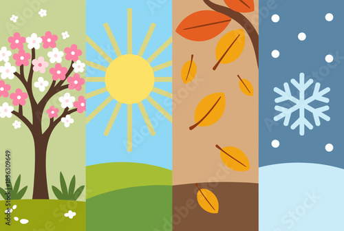 Flat Design Illustration of Four Seasons Spring, Summer, Autumn, Winter