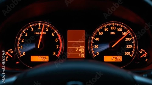 Car Dashboard Gauges Illuminated at Night.