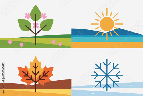 Minimalist Vector Illustration of Four Seasons Spring, Summer, Autumn, Winter