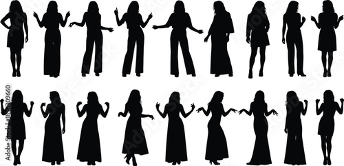 Silhouette women posing in different outfits and gestures, fashion illustration, feminine style concept, elegant posture collection, modern lifestyle graphic design