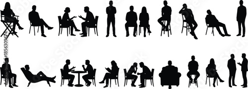 Sitting and talking people silhouettes, conversation poses collection, chair and stool illustration set, human interaction scenes, casual meeting and discussion design
