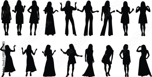 Silhouette women posing in stylish outfits and expressive gestures, fashion illustration collection, modern feminine style concept, elegant posture design for creative projects