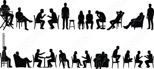 Sitting and talking silhouettes collection, people conversation poses, chair and sofa illustration set, communication concept, human interaction scenes for design