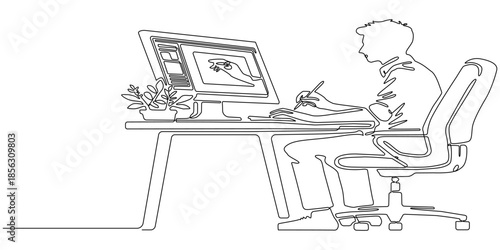 Two happy busy professional executives team business people working together on laptop. Technology in business concept. Single line draw design. Vector graphic illustration