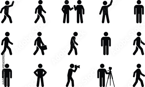Set of human pictogram icons showing people walking, greeting, working, filming, standing, minimal black silhouette vector collection for signage, infographics