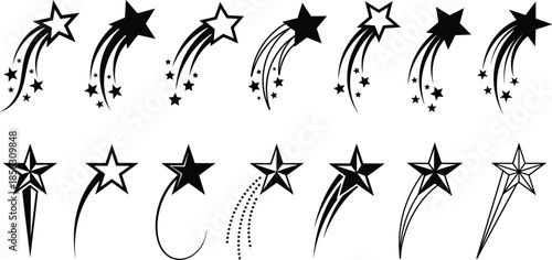 Shooting star icons collection, falling stars and comet trails, minimal black silhouette symbols for magic night sky design illustration