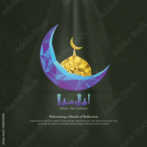 Low poly crescent moon and mosque illustration for Islamic occasions, Ramadan, eid and spiritual celebrations. Ideal for posters, banners, greeting cards, social media, digital or print project