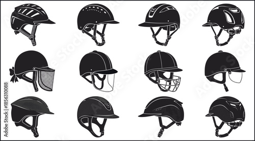 Sports helmet icons set, bicycle equestrian cricket safety headgear silhouettes, minimal black protective equipment illustration collection vector design graphic bundle