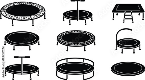 Trampoline icon set, indoor outdoor fitness trampolines with handles ladders, minimal black silhouette sports equipment illustration