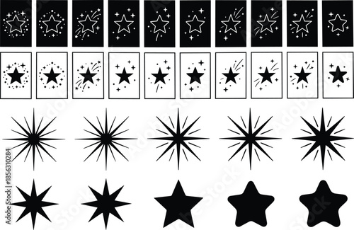 Star icons set, sparkle shooting stars and bursts shapes, minimal black silhouette symbols for magic decoration design illustration