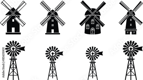 Windmill icons set, traditional farm windmills and water pumping towers, minimal black silhouette rural energy illustration collection vector design graphic