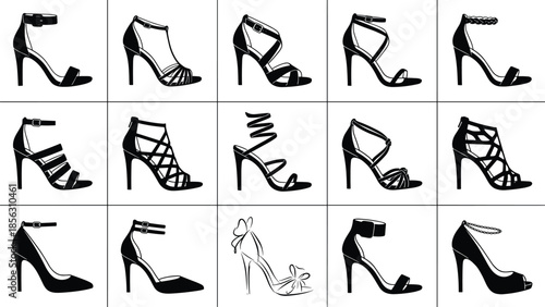 Women high heel sandal icon grid, elegant fashion footwear silhouettes and outline vector collection, stylish stiletto shoe designs isolated on white