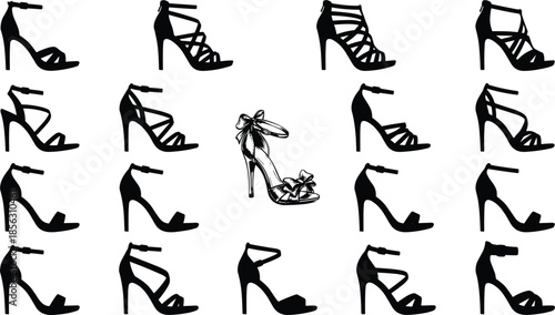 Women high heel shoe icon collection, elegant fashion footwear silhouettes and outline illustration set, stylish stiletto designs isolated on white background