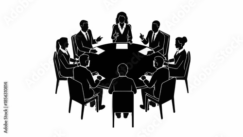 Business Meeting Around a Round Table with Silhouettes of People.