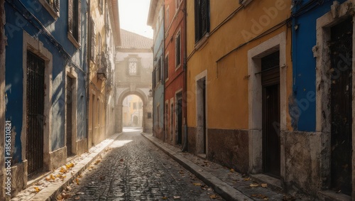 Narrow European Alleyway with Cobblestone Street and Old Buildings.
