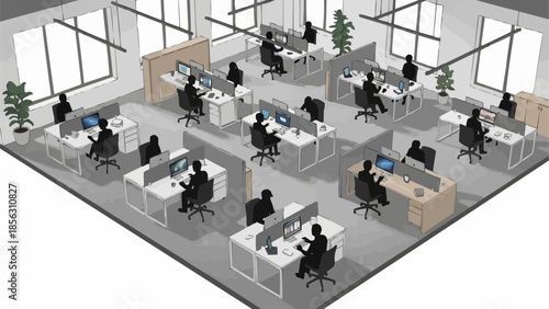 Modern open plan office with cubicles and employees working.