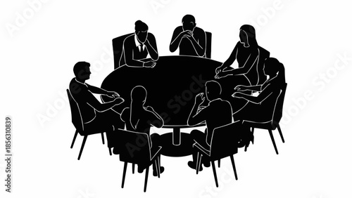 Silhouette of people meeting around a round table.