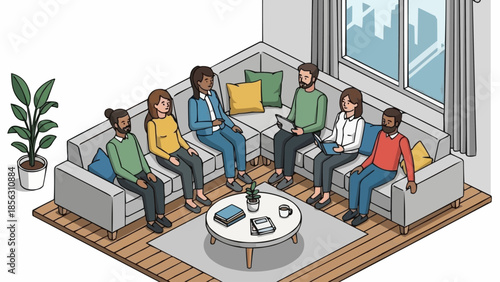 Diverse group of people sitting in a circle on a sectional sofa.