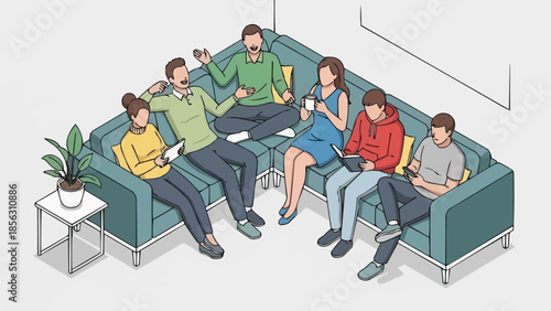 Diverse group of people relaxing on a sectional sofa.
