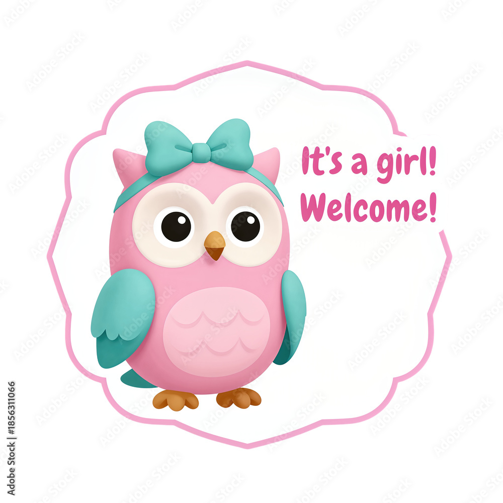 Obraz premium Cute pink owl with text it's a girl welcome