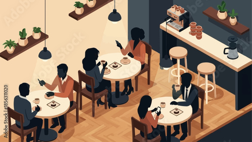 People enjoying coffee and conversation at cafe tables.