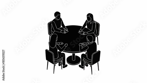 Four people sit around a round table in a meeting.