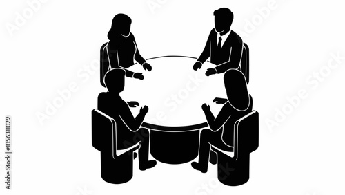 Four people in silhouette sitting around a round conference table discussing ideas.
