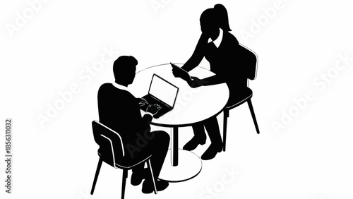 Two business people in silhouette meeting at a round table with a laptop.