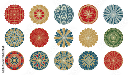 Round ornamental medallion vector collection with traditional floral and geometric designs isolated on white background