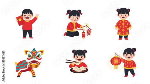 Chinese New Year Celebration Icons - Kids with Firecrackers, Lanterns, Lion Dance, and Dumplings isolated on white background