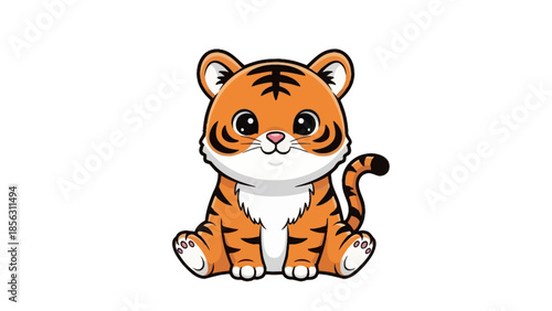 Cute Baby Tiger Cartoon Icon Sitting Smiling Flat Vector Illustration isolated on white background