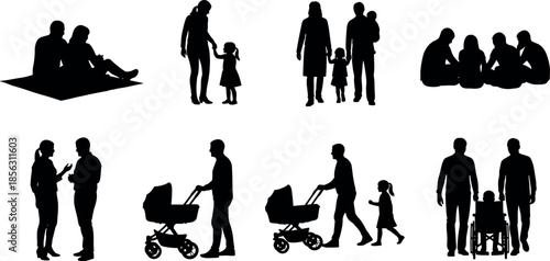 Family silhouette set with parents walking children, couples having picnics, people in wheelchairs and baby strollers vector illustration.