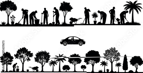 Gardener and landscaper silhouette set with workers planting trees, municipal gardening maintenance and environmental forestry vector illustration collection.