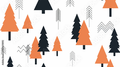 A flat design pattern of various sized orange and black trees on a white background with geometric shapes.