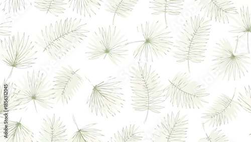 Illustration of a pattern of dandelion seeds on a white background with soft green lines and delicate details.