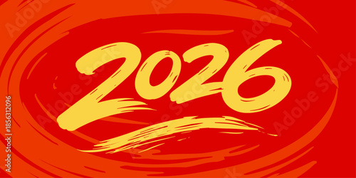 Red brush stroke background with golden 2026 text
