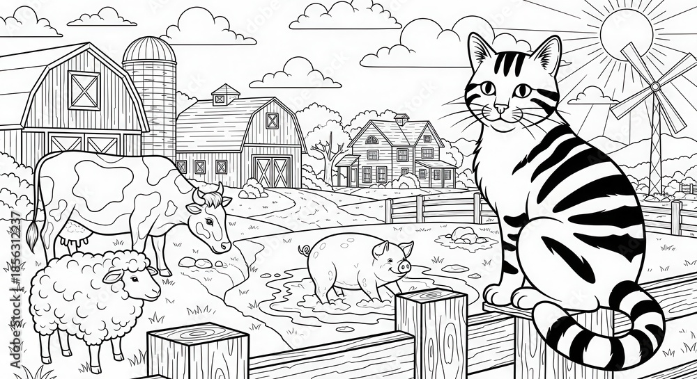 Fototapeta premium Farm animals including a cat, cow, sheep, and pig illustrate a rural scene in a coloring book style